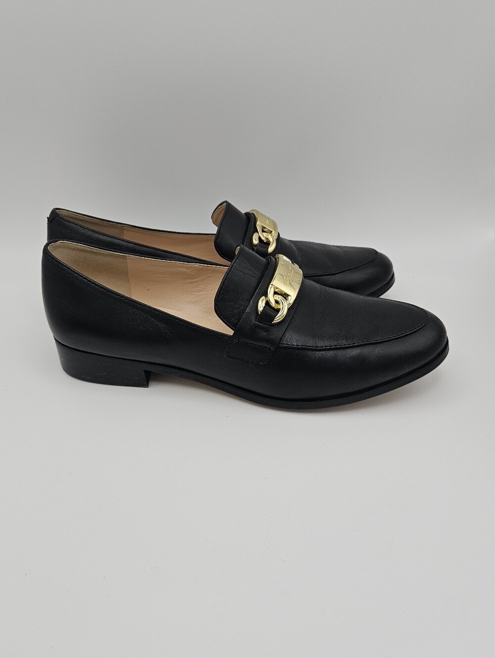 Karl Lagerfeld black leather Cabana loafers with gold tone medallion size 6.5